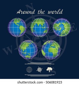 vector illustration and background, of beautiful vintage maps of the globe in different projections