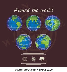 vector illustration and background, of beautiful vintage maps of the globe in different projections