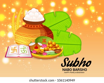 Vector illustration of a Background for Bengali New Year Subho Nabo Barsho(Happy Pohela Boishakh) a mud pot fill with rasgulla.