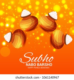 Vector illustration of a Background for Bengali New Year Subho Nabo Barsho(Happy Pohela Boishakh) a mud pot fill with rasgulla.