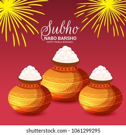Vector illustration of a Background for Bengali New Year Subho Nabo Barsho (Happy Pohela Boishakh) a mud pot fill with rasgulla.