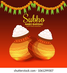 Vector illustration of a Background for Bengali New Year Subho Nabo Barsho (Happy Pohela Boishakh) a mud pot fill with rasgulla.