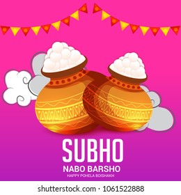 Vector illustration of a Background for Bengali New Year Subho Nabo Barsho (Happy Pohela Boishakh) a mud pot fill with rasgulla.