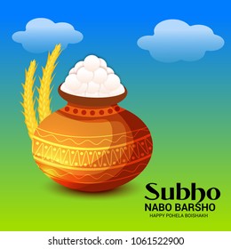 Vector illustration of a Background for Bengali New Year Subho Nabo Barsho (Happy Pohela Boishakh) a mud pot fill with rasgulla.