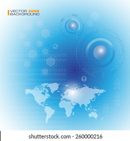 Vector illustration background in binary code and the world map
