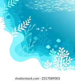 Vector Illustration of background in a blue palette colours. Underwater marine life of a coral reef