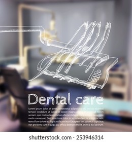 Vector illustration. Background - Blurred photo a dentist with a sketch - dental Instruments