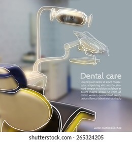 Vector illustration. Background - Blurred photo a dentist with a sketch - dental Instruments