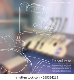 Vector illustration. Background - Blurred photo a dentist with a sketch - dental Instruments