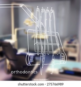 Vector illustration. Background - Blurred photo a dentist with a sketch - dental Instruments