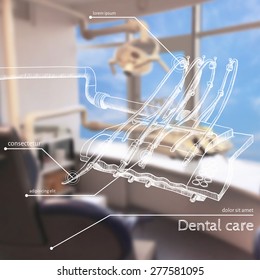 Vector illustration. Background - Blurred photo a dentist with a sketch infographics - dental Instruments