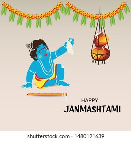 Vector illustration of a Background or Brochure for indian festival of Happy Janmashtami Celebration.