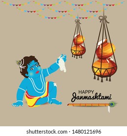 Vector illustration of a Background or Brochure for indian festival of Happy Janmashtami Celebration.