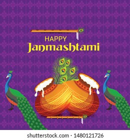 Vector illustration of a Background or Brochure for indian festival of Happy Janmashtami Celebration.