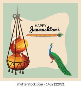 Vector illustration of a Background or Brochure for indian festival of Happy Janmashtami Celebration.