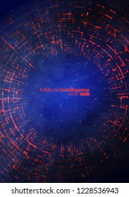 Vector illustration of a background with broken circle, and cloud. Design for intelligence science technology. Glow abstract design. Geometry on color gradient field with translucent red geometry.