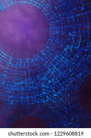 Vector illustration of a background with broken circle, and cloud. Design for intelligence science technology. Glow abstract design. Geometry on violet gradient field with translucent geometry.