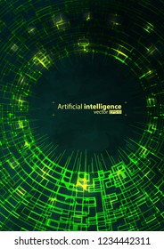 Vector illustration of a background with broken circle, and cloud. Design for intelligence science technology. Glow abstract design. Geometry on color gradient field with translucent green geometry.