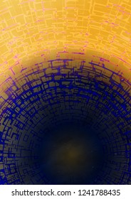 Vector illustration of a background with broken circle, and cloud. Design for intelligence science technology. Glow abstract design. Geometry on violet yellow gradient field with translucent geometry.