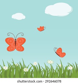 Vector illustration of background with butterflies, grass, flowers and clouds