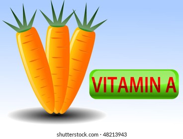 Vector illustration or background of carrot and vitamin A glossy icon or button
