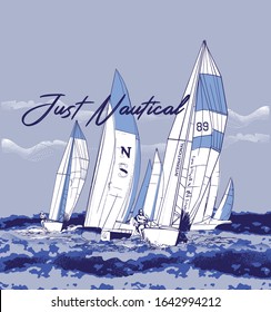 Vector illustration background of cartoon sailing regatta with many yachts on horizon in blue tone.