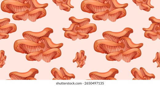Vector illustration of a background with chanterelle mushrooms in different densities and forms. Perfect for use in advertising and brochures. Bright autumn pattern design with mushrooms
