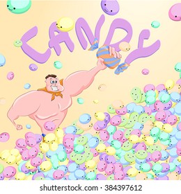 Vector illustration background. Cheerful cartoon strong man, holding a strong hand candy. A lot of sweets around. Funny candy pebbles.