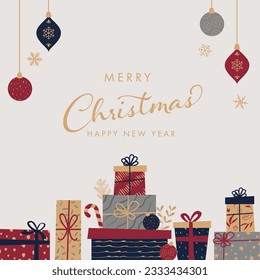 Fondo de ilustración vectorial de las cajas y ornamentos presentes de Navidad.