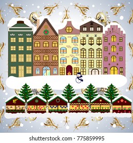 Vector illustration. Background. Christmas winter scene. Evening village winter landscape with snow cove houses.