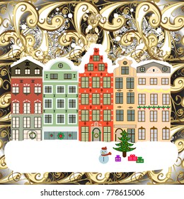 Vector illustration. Background. Christmas winter scene. Evening village winter landscape with snow cove houses.