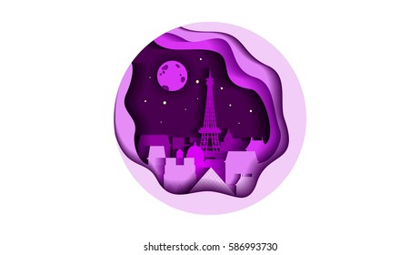 Vector illustration background circle icon flat style architecture buildings monuments town city country travel card, cover, France, monuments, Paris, French culture, landscape,  Eiffel Tower, capital