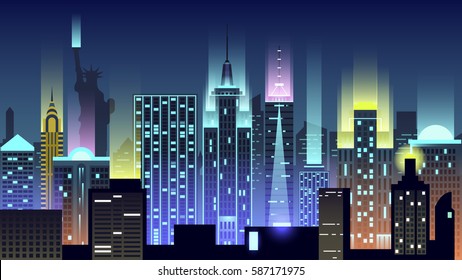 Vector illustration background city night in neon style architecture buildings monuments town country travel USA, welcome New York, Statue of Liberty, United States of America, bridge, skyscrapers