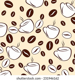  Vector illustration. Background with coffee beans and cups.