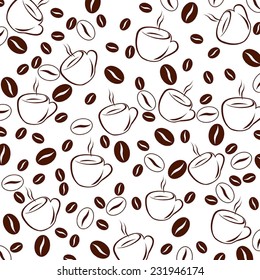  Vector illustration. Background with coffee beans and cups.