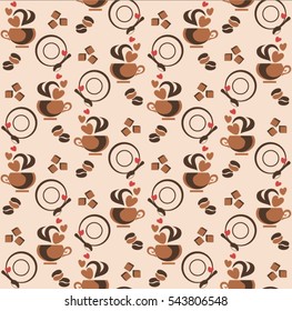 Vector illustration. Background with coffee beans and cups.