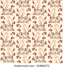 Vector illustration. Background with coffee beans and cups.