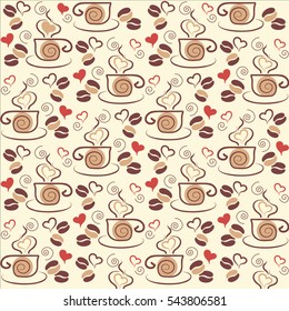 Vector illustration. Background with coffee beans and cups.