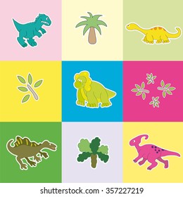 Vector illustration. The background color of the rectangles with cute dinosaurs and plants.