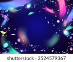 Vector illustration of background with colorful neon confetti of different shapes and sizes on dark blue background. Festive neon confetti template with place for text.