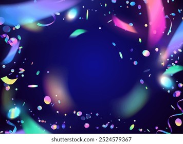 Vector illustration of background with colorful neon confetti of different shapes and sizes on dark blue background. Festive neon confetti template with place for text.