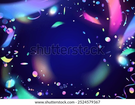 Vector illustration of background with colorful neon confetti of different shapes and sizes on dark blue background. Festive neon confetti template with place for text.