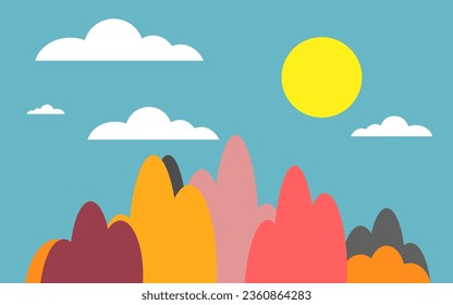 fondo de ilustración vectorial con concepto de naturaleza hermosa, altas montañas y sol brillante