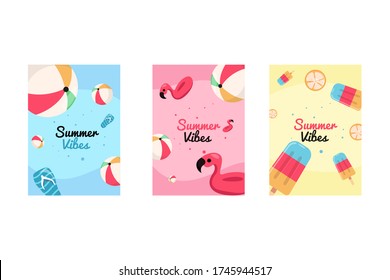 Vector illustration background concept set of bright hello summer vibes cards. Beautiful posters with beachball, flaminggo, ice cream, sandals and orange. for banner, poster and advertising. 