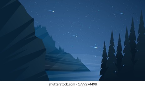 Vector illustration. Background with copy space. Minimalist landscape. Dark  night scene. Beautiful clear sky with fallen stars. Polygonal style. Rock and trees. Natural concept wallpapers. Backdrop
