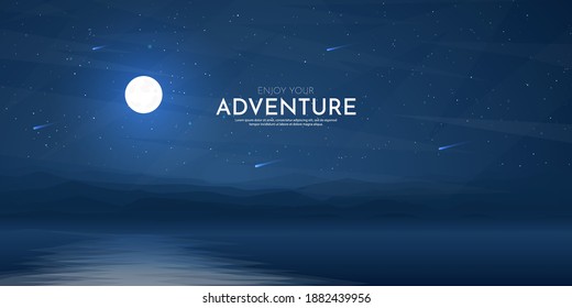 Vector illustration. Background with copy space. Minimalist landscape. Dark night scene. Beautiful clear sky with shooting stars. Polygonal style. Mountains. Moonlight reflection in water. Blue color