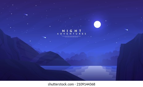 Vector illustration. Background with copy space. Minimalist landscape. Dark night scene. Beautiful clear sky with shooting stars. Polygonal style. Mountains. Moonlight reflection in water. Blue color