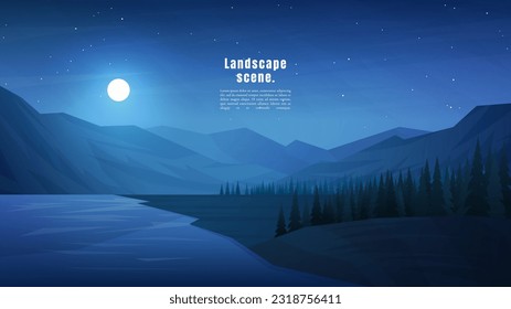 Vector illustration. Background with copy space. Minimalist landscape. Dark night scene. Beautiful clear sky with shooting stars. Polygonal style. Mountains. Moonlight reflection in water. Blue color