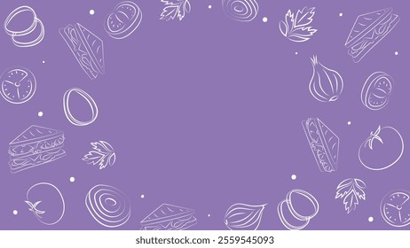 Vector illustration. Background with copy space for text. Pattern of halves, slices and rings of onion, tomatoes; sandwich. Sketch style. Hand drawn kitchen ingredients template for culinary themes.