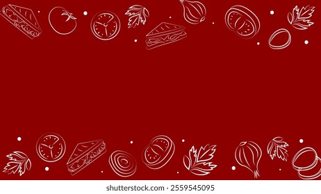 Vector illustration. Background with copy space for text. Pattern of halves, slices and rings of onion, tomatoes; sandwich. Sketch style. Hand drawn kitchen ingredients template for culinary themes.